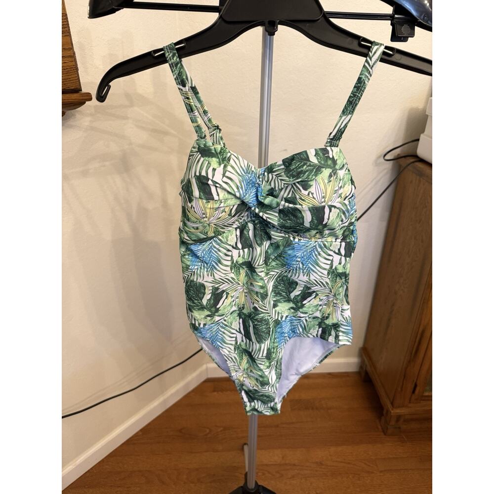 Tahari Tropical Leaf Print One Piece Swimsuit Adjustable Strap Green White S